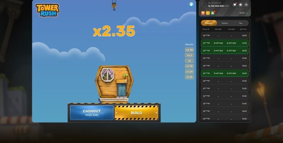 Tower Rush Gameplay: Haus-Etage wird gebaut, Multiplikator x2,35